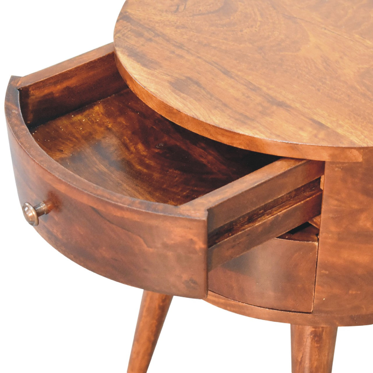 Sorrento Round Chestnut Mango Wood Bedside Table 2 Drawers