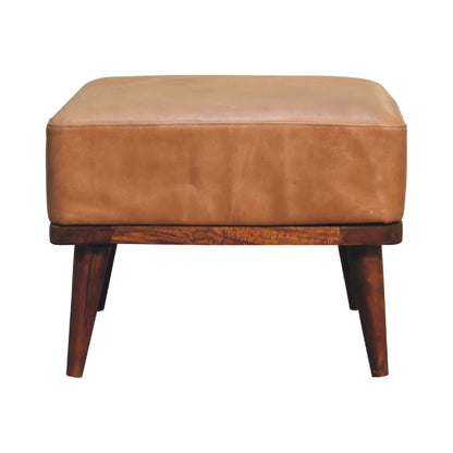 Tan Buffalo Leather Tan Footstool Mango Wood Legs