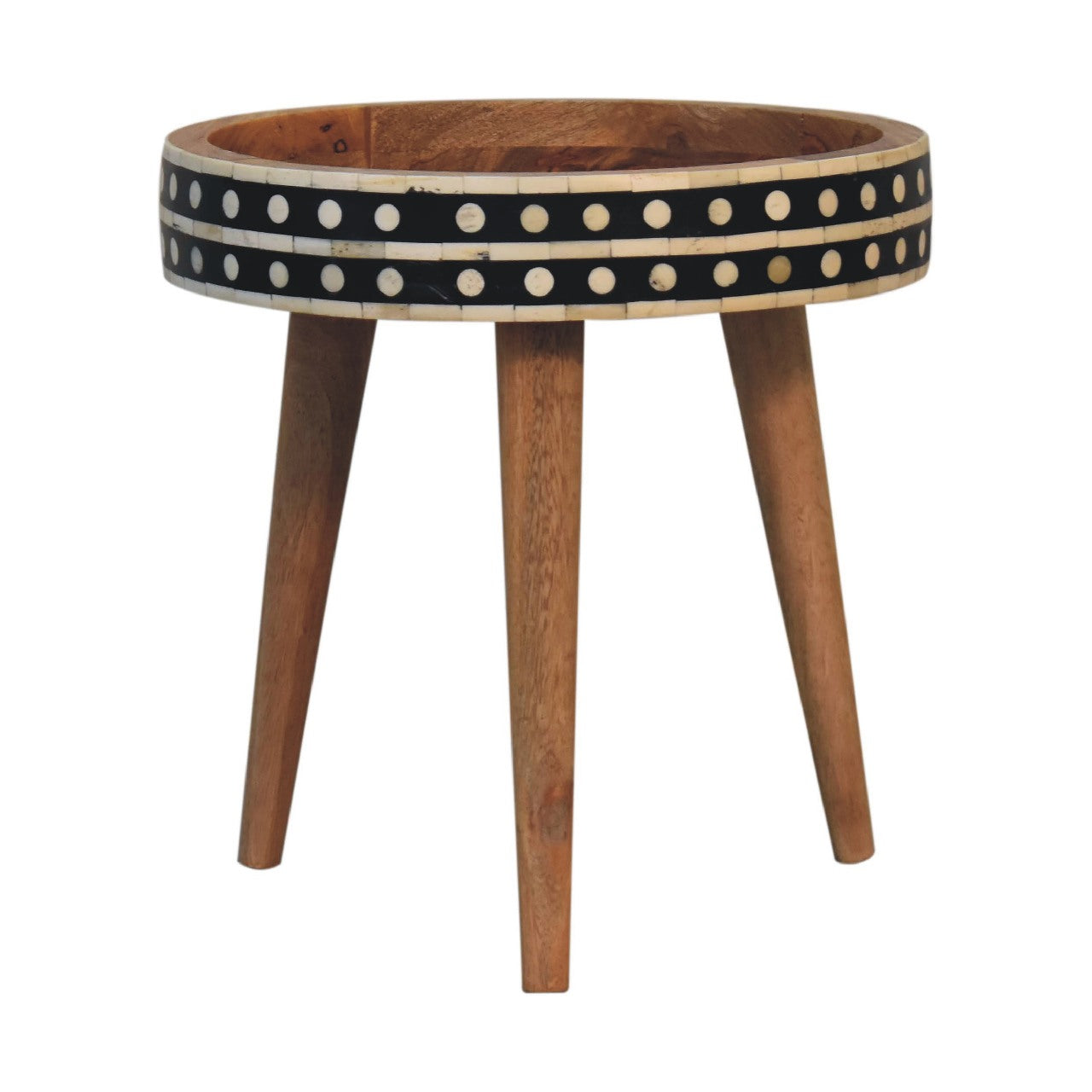 India Fot Pattern Black and White Mango Wood Tripod End Table
