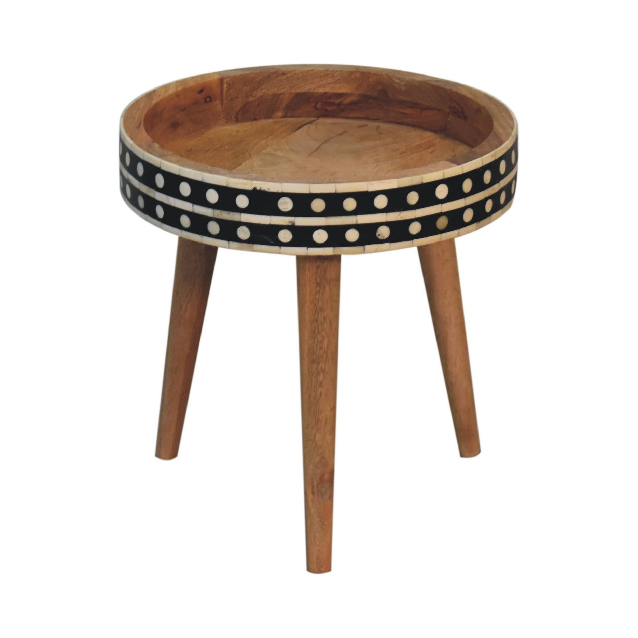 India Fot Pattern Black and White Mango Wood Tripod End Table