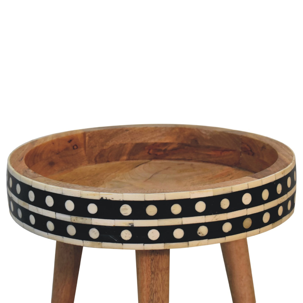 India Fot Pattern Black and White Mango Wood Tripod End Table
