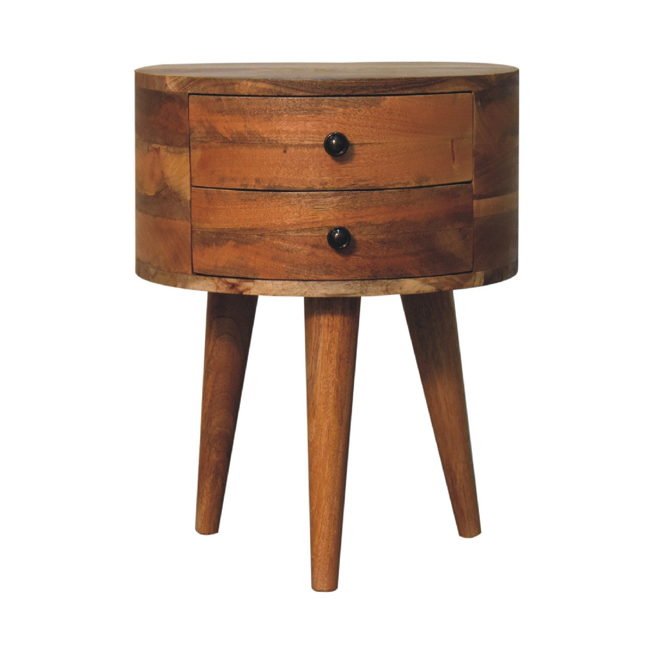 Ischia Oak Mango Wood Tripod Round Bedside Table 2 Drawers