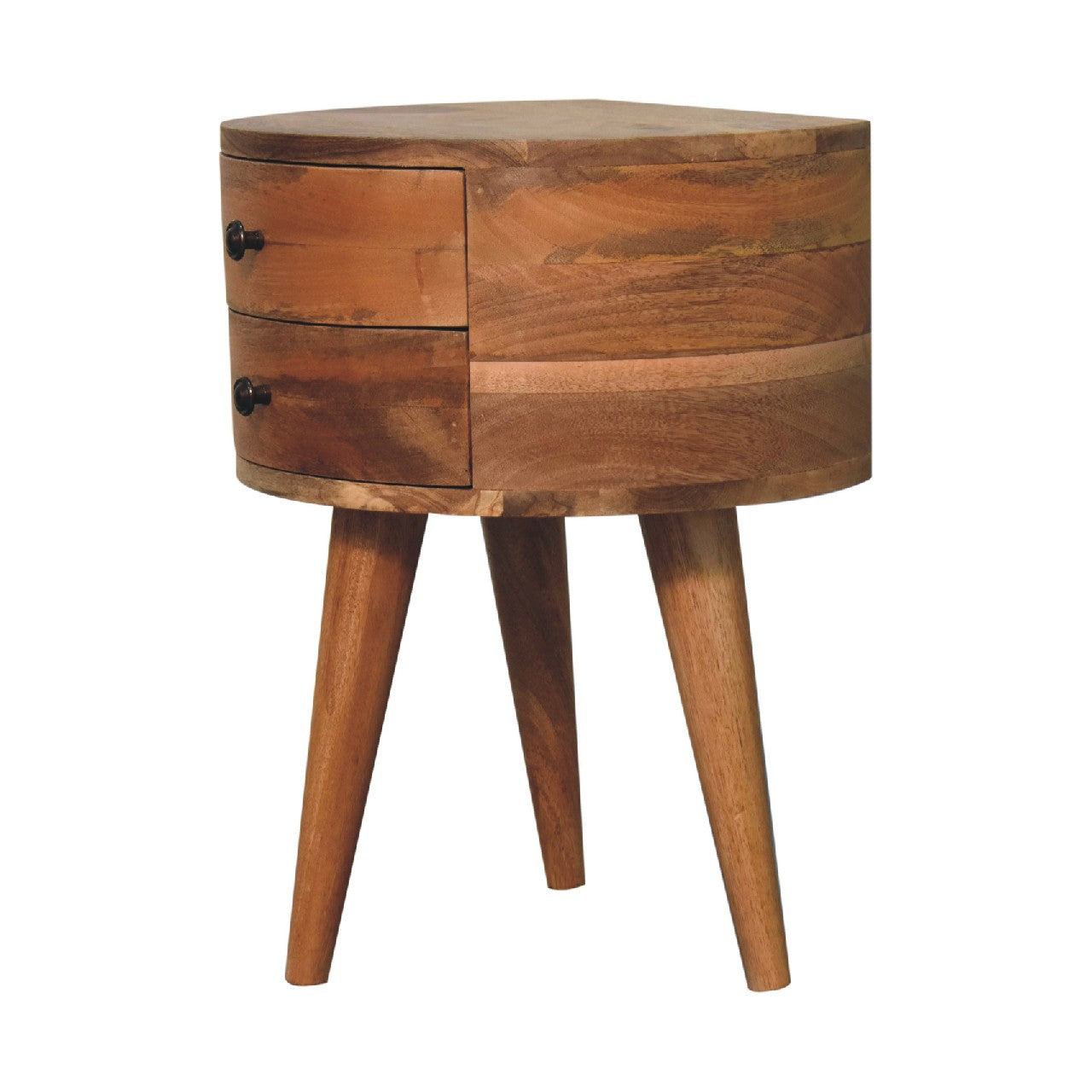 Ischia Oak Mango Wood Tripod Round Bedside Table 2 Drawers