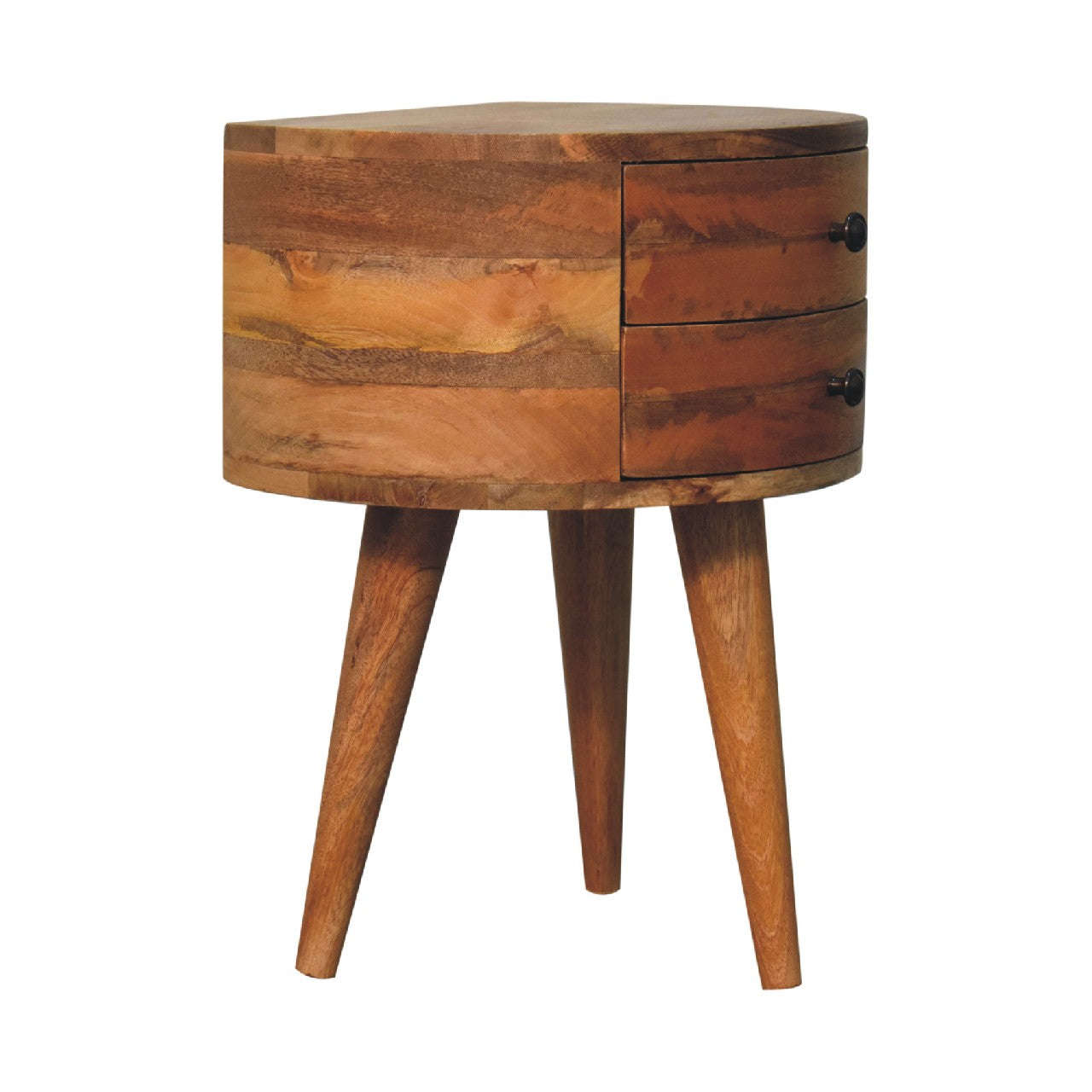 Ischia Oak Mango Wood Tripod Round Bedside Table 2 Drawers