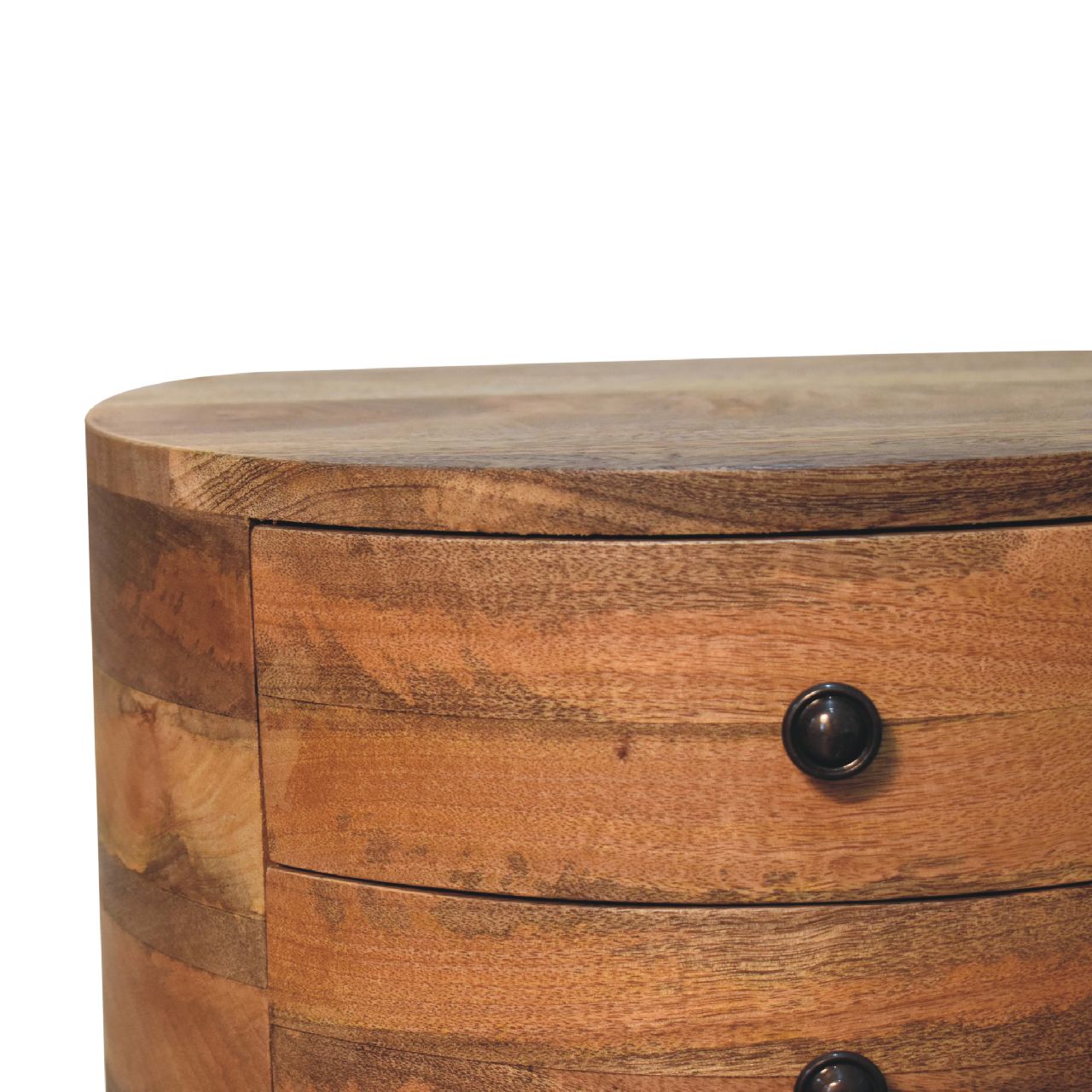 Ischia Oak Mango Wood Tripod Round Bedside Table 2 Drawers