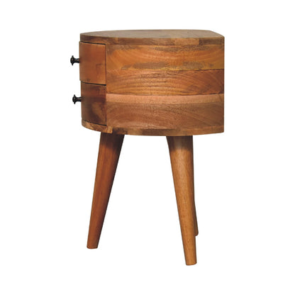 Ischia Oak Mango Wood Tripod Round Bedside Table 2 Drawers