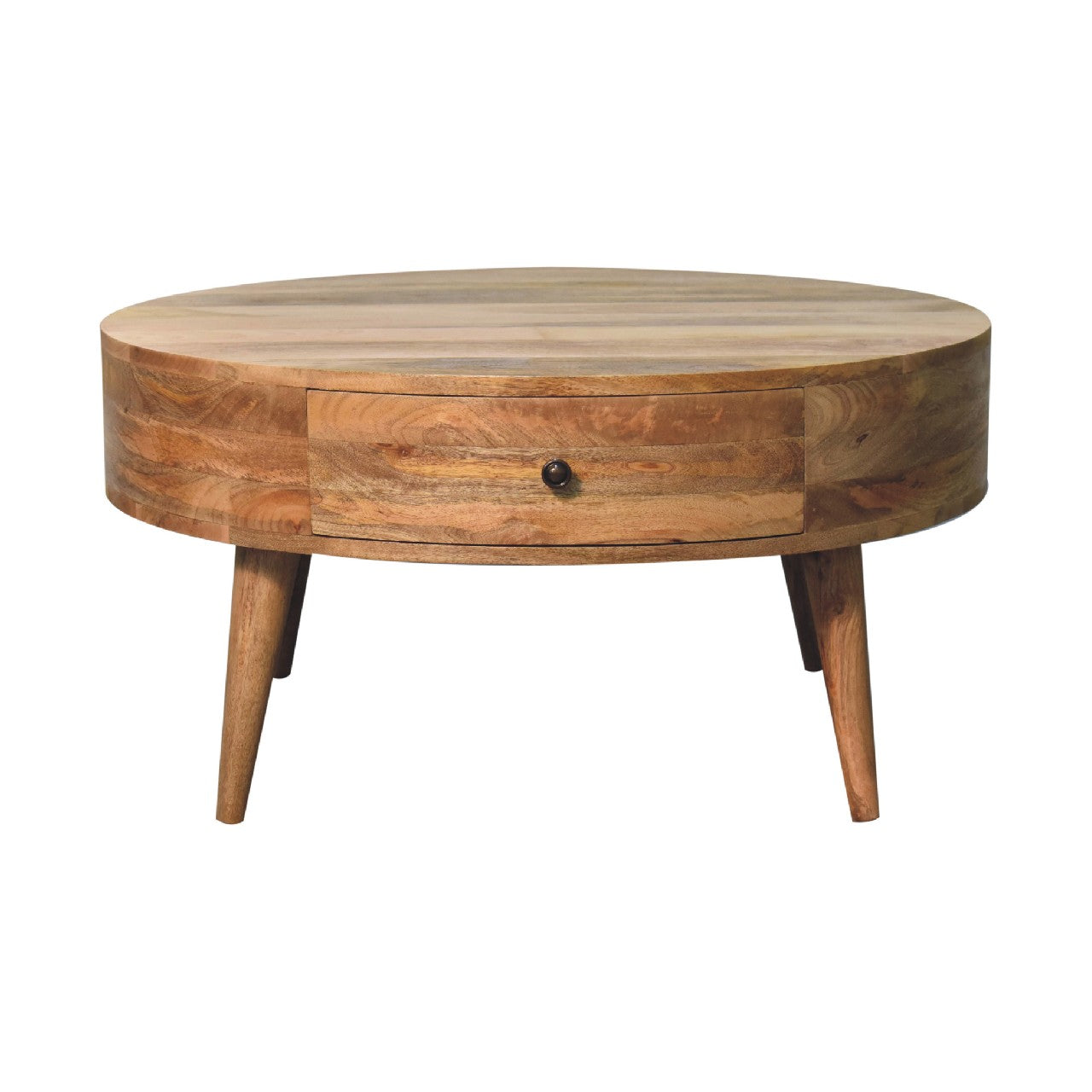 Ischia Oak Mango Wood Low Round Coffee Table 2 Drawers