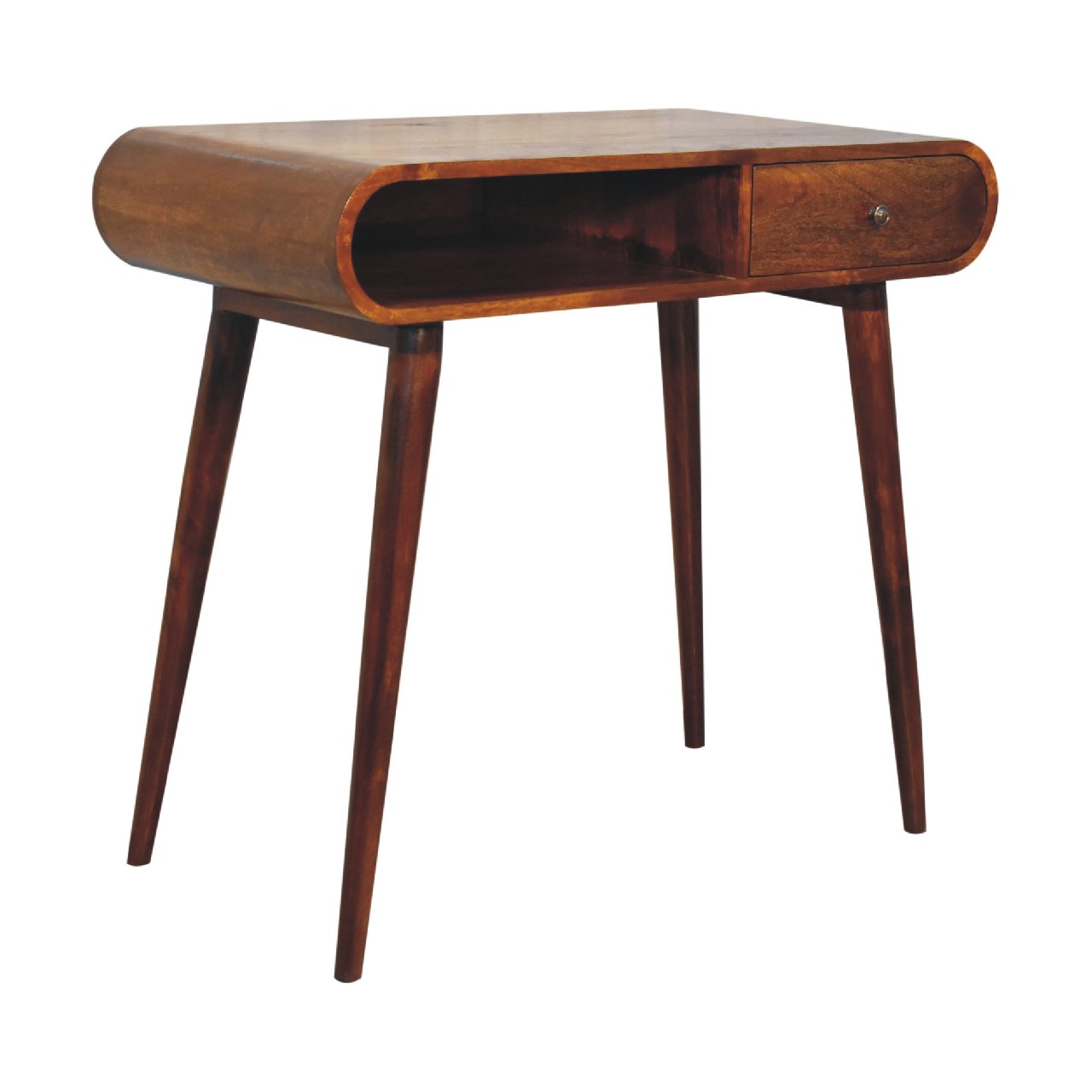 Como Chestnut Mango Wood Open Console Table with Drawer Angled Legs