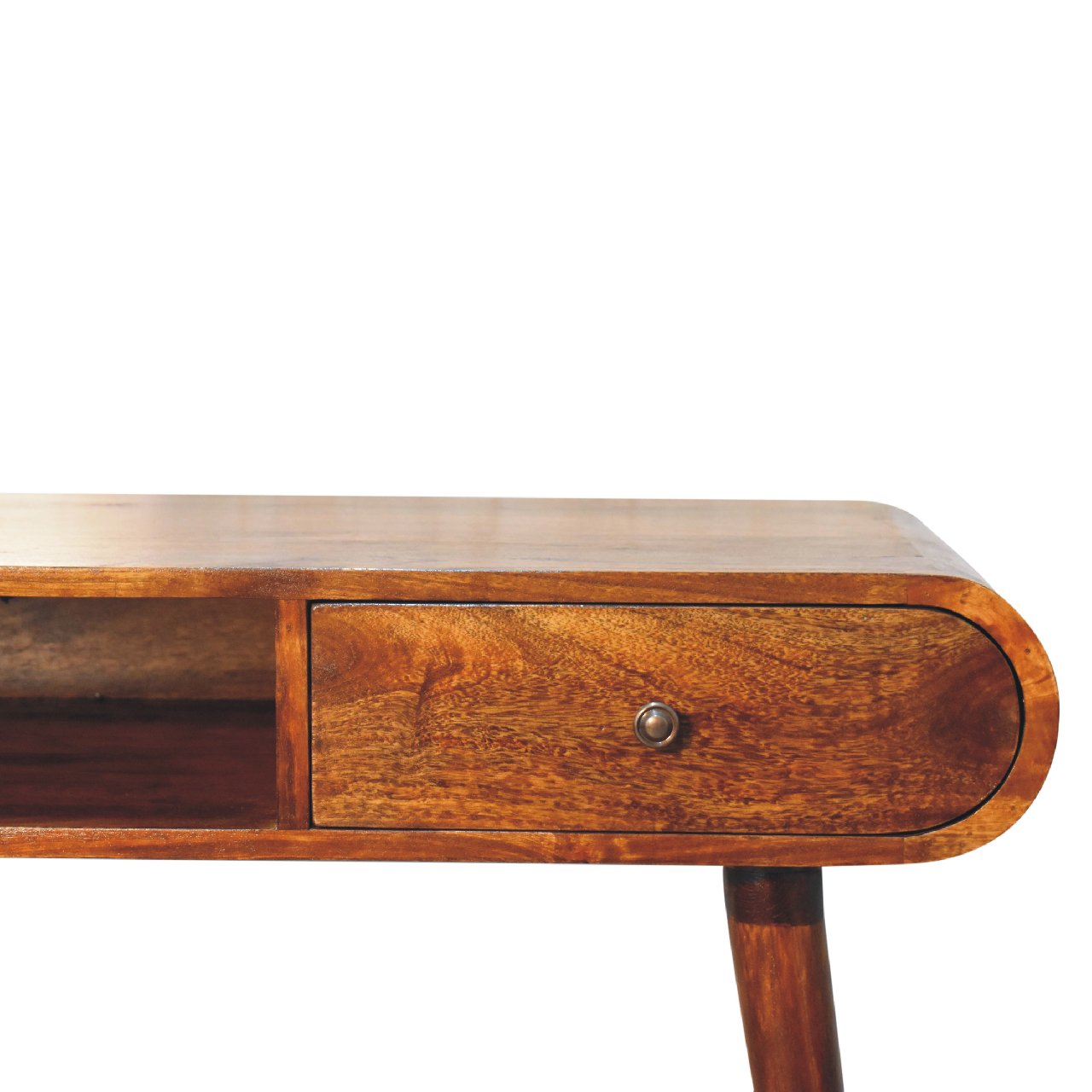 Como Chestnut Mango Wood Open Console Table with Drawer Angled Legs