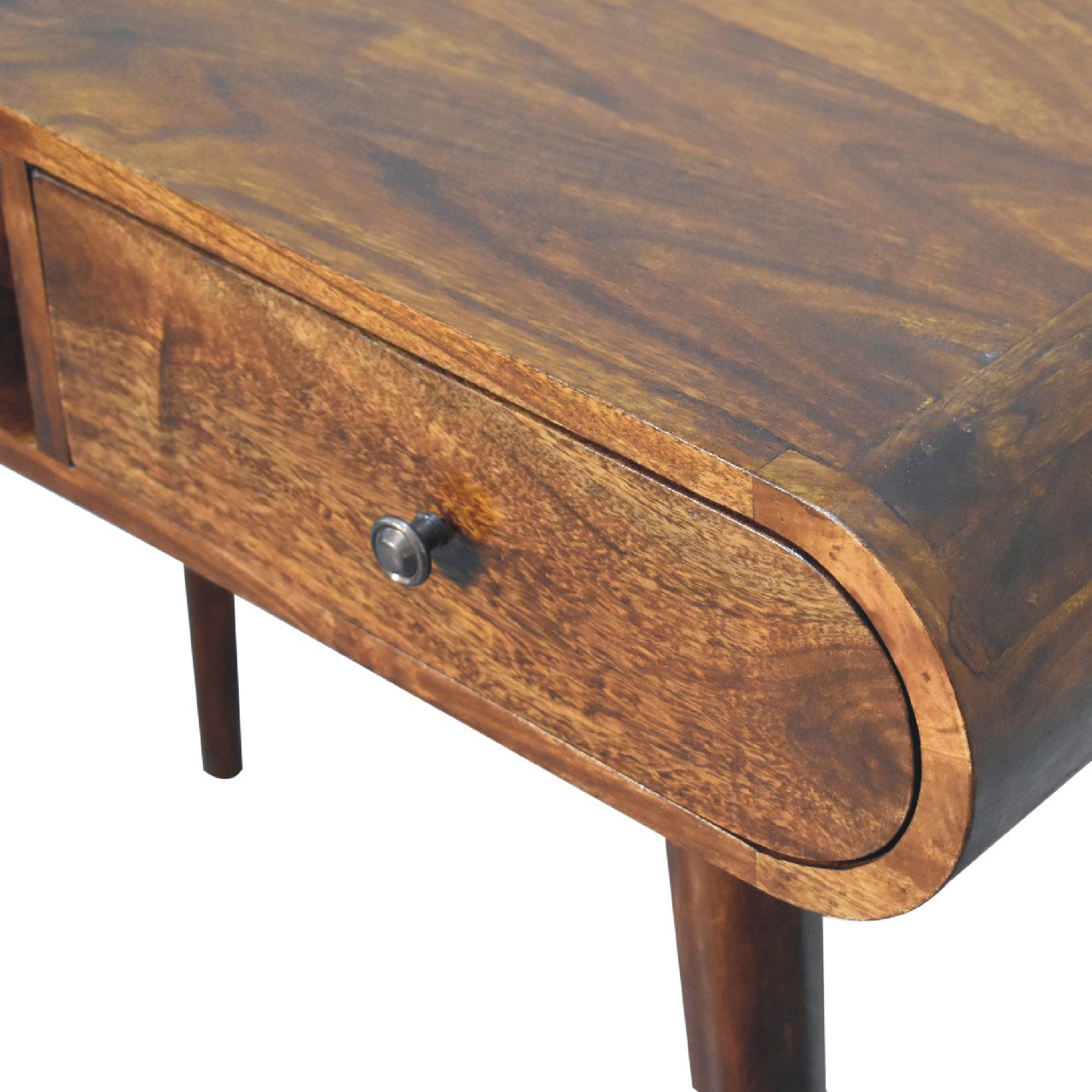 Como Chestnut Mango Wood Open Console Table with Drawer Angled Legs