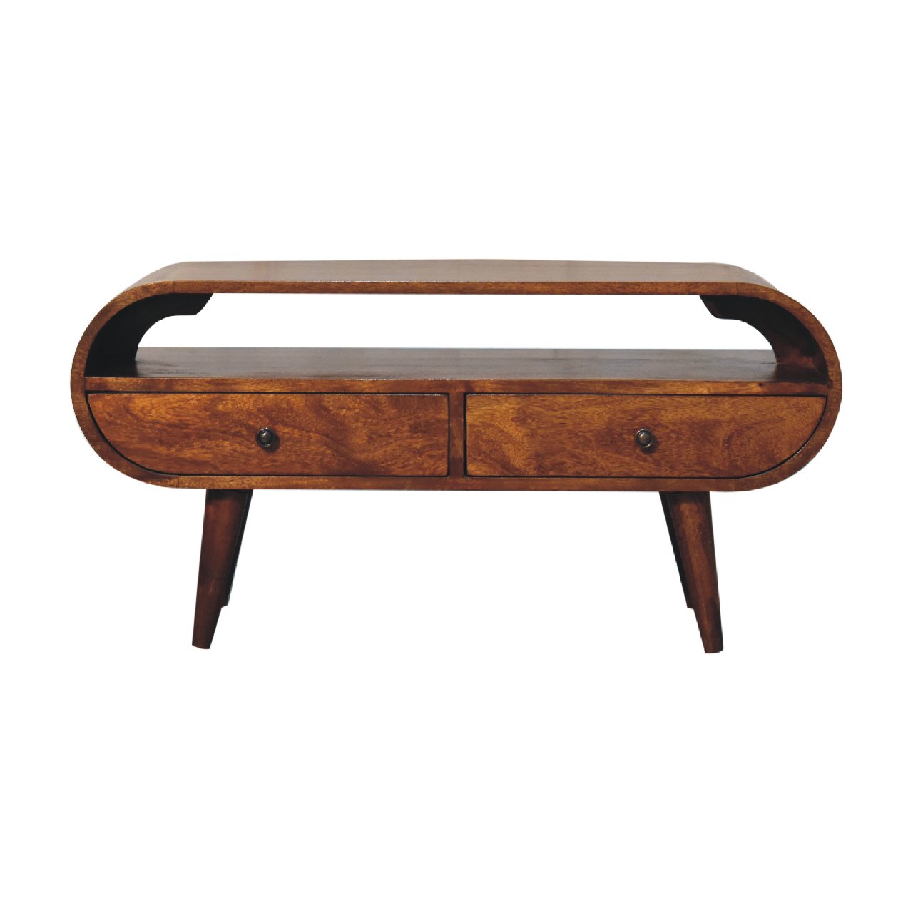 Keaukaha Chestnut Mango Wood Circular Open TV Stand 2 Drawers