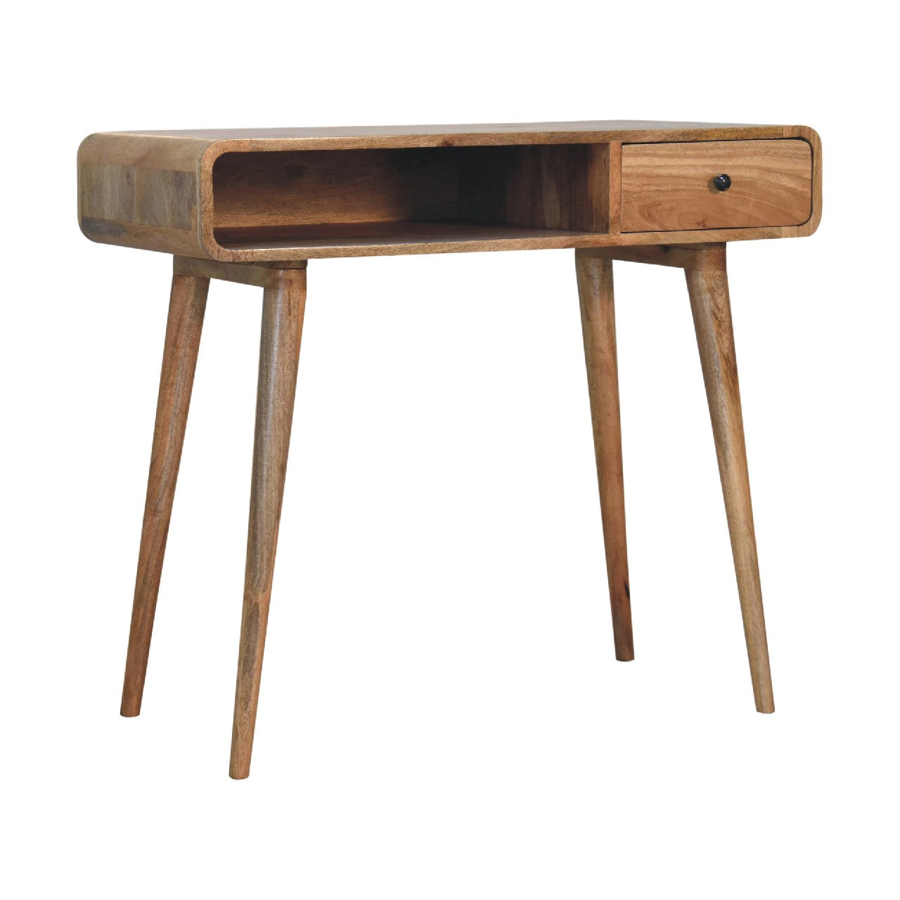 Urbino Curved Oak Mango Wood Writing Desk with Drawer and Shelf