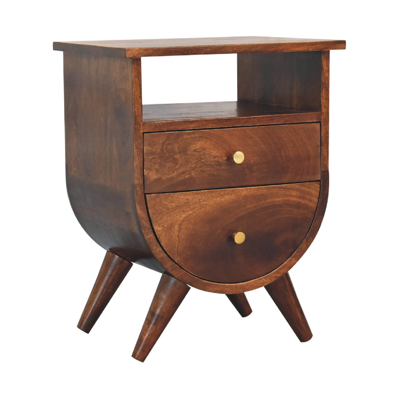 Ostuni Split Chestnut Mango Curved Wood Bedside Table 2 Drawer