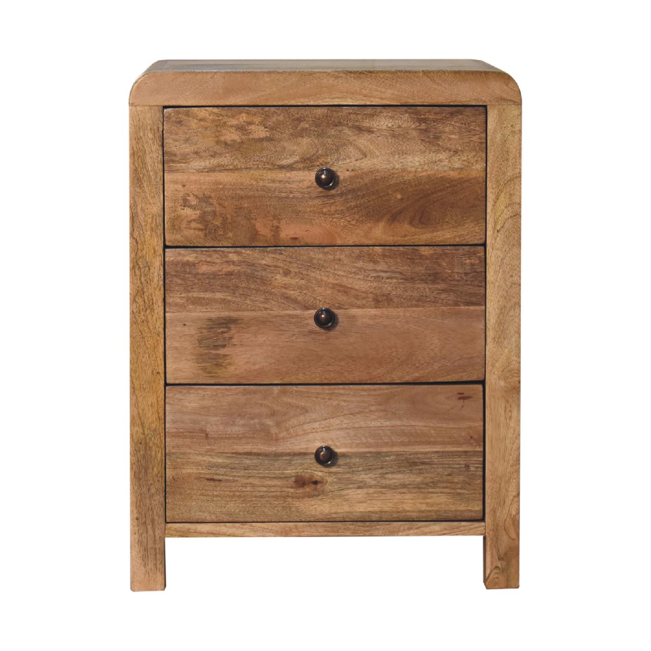 Padua Natural Oak Mango Oak 3 Drawer Curved Bedside Table