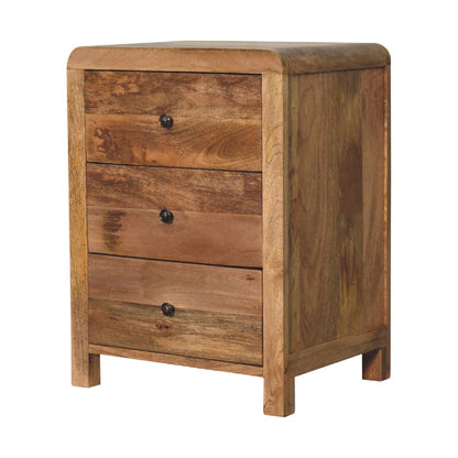 Padua Natural Oak Mango Oak 3 Drawer Curved Bedside Table