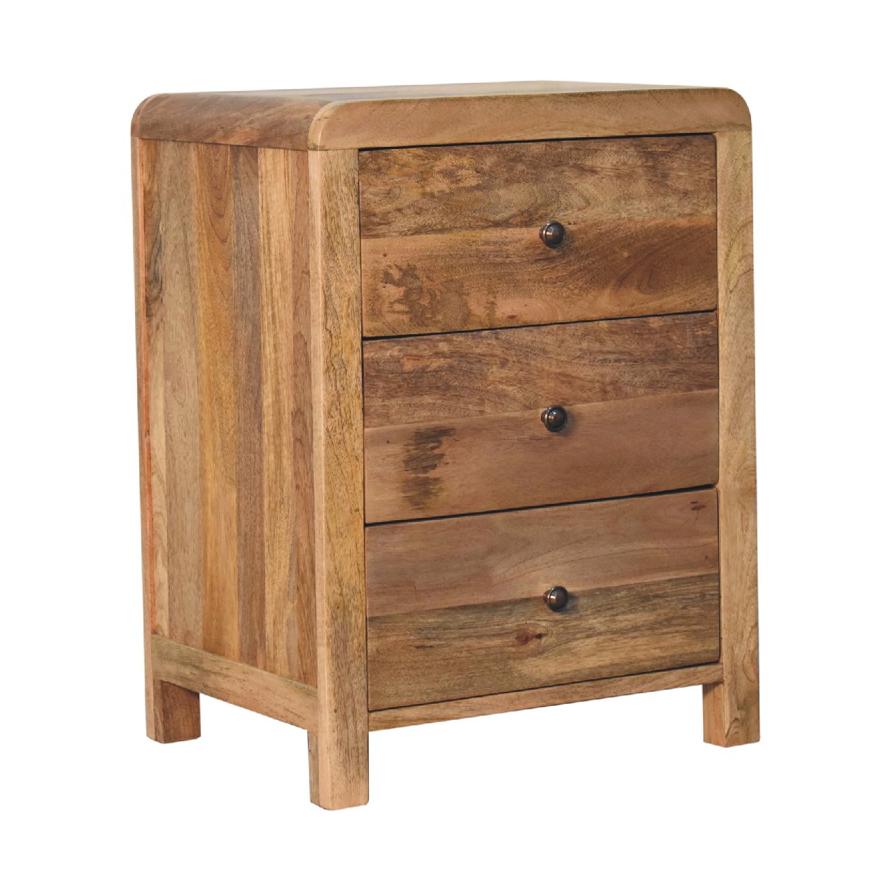 Padua Natural Oak Mango Oak 3 Drawer Curved Bedside Table