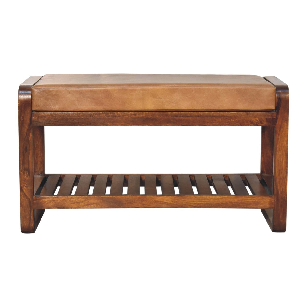 Spoleto Small Buffalo Leather and Mango Wood Slatted Hallway Bench
