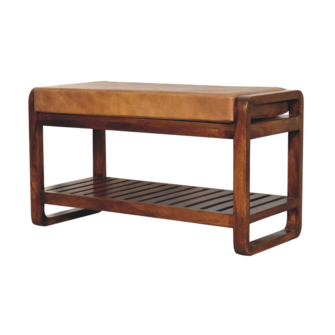 Spoleto Small Buffalo Leather and Mango Wood Slatted Hallway Bench