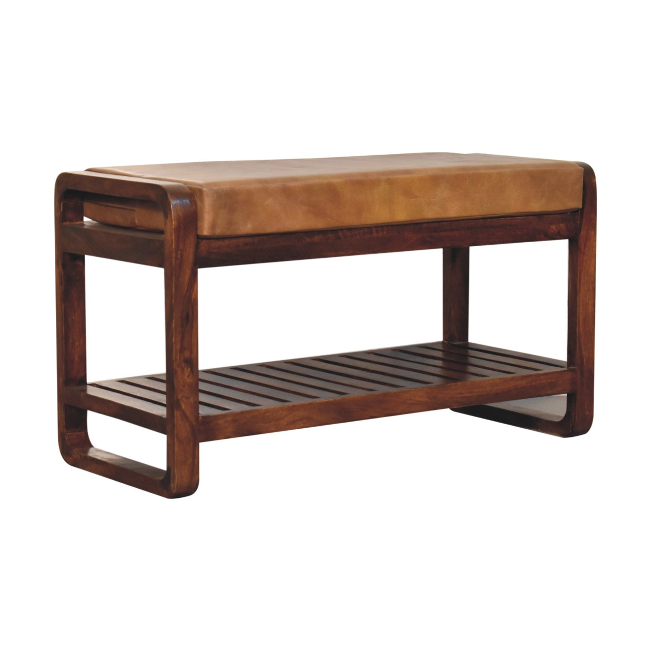 Spoleto Small Buffalo Leather and Mango Wood Slatted Hallway Bench