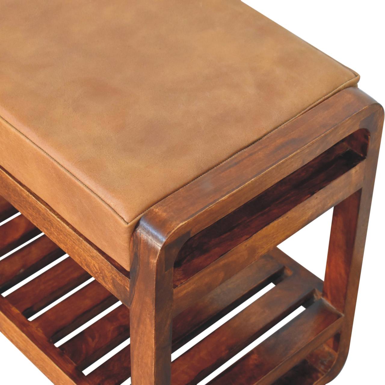 Spoleto Small Buffalo Leather and Mango Wood Slatted Hallway Bench