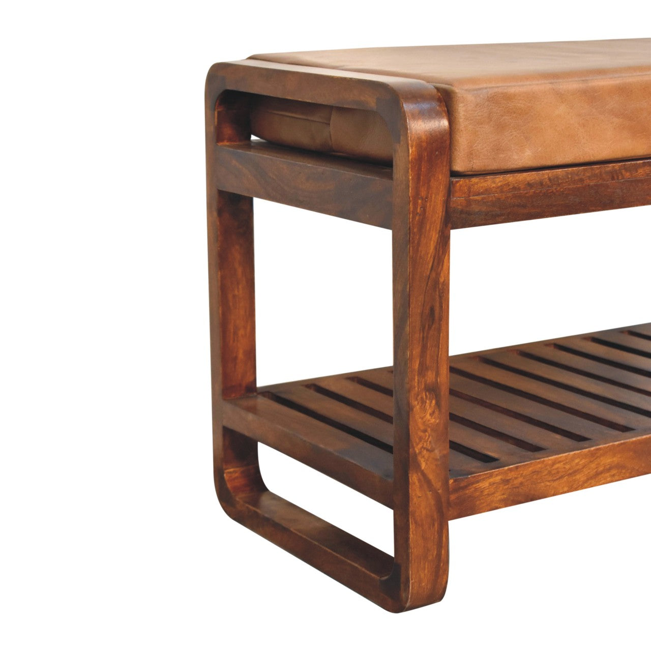 Spoleto Small Buffalo Leather and Mango Wood Slatted Hallway Bench