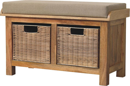 Florence Mango Wood Rattan Basket Linen Bench