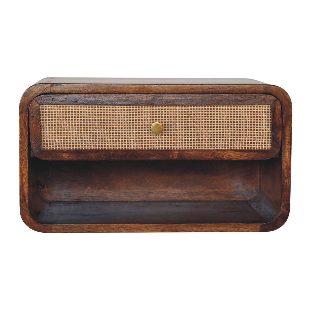 Como Chestnut Wall Mounted Open Woven Bedside Table with Drawer