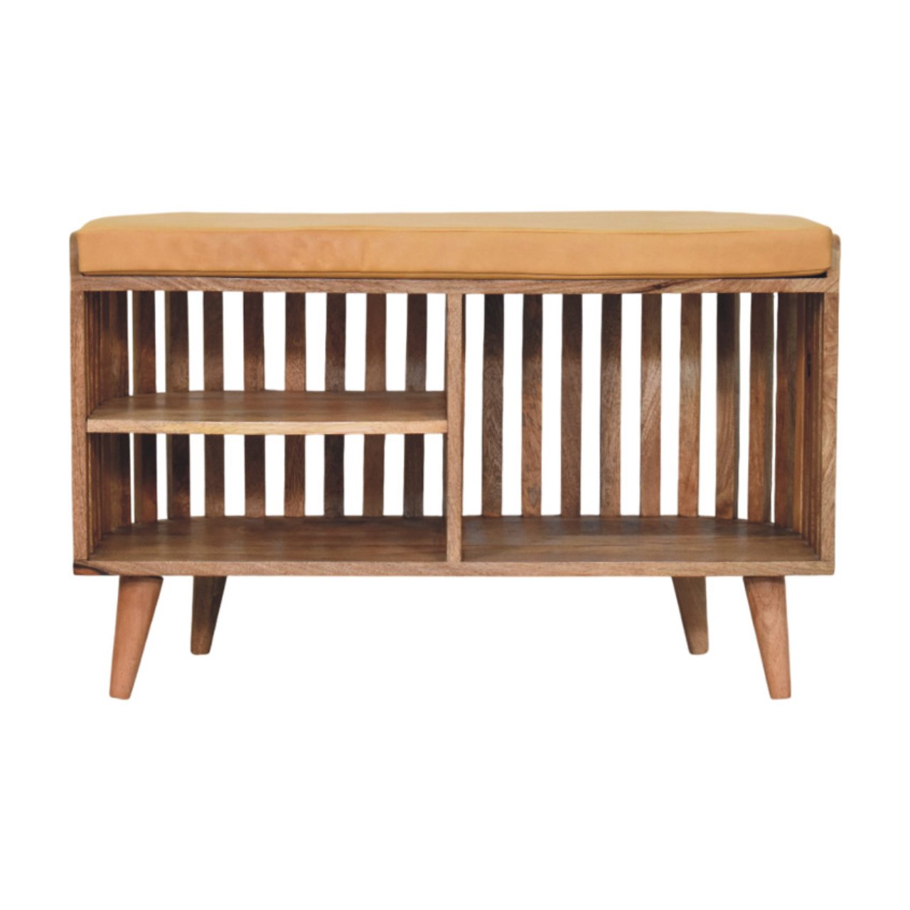 Padua Mango Wood Slatted Bench with Buffalo Leather Seat