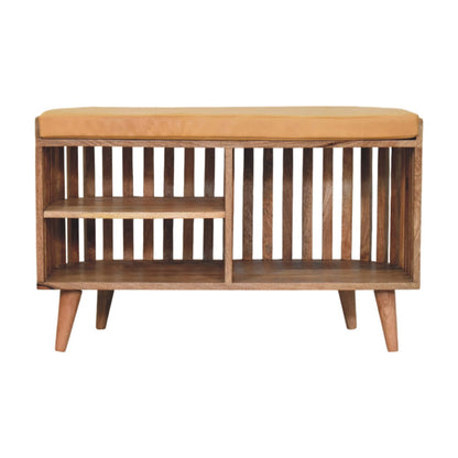 Padua Mango Wood Slatted Bench with Buffalo Leather Seat