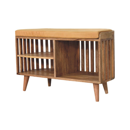 Padua Mango Wood Slatted Bench with Buffalo Leather Seat