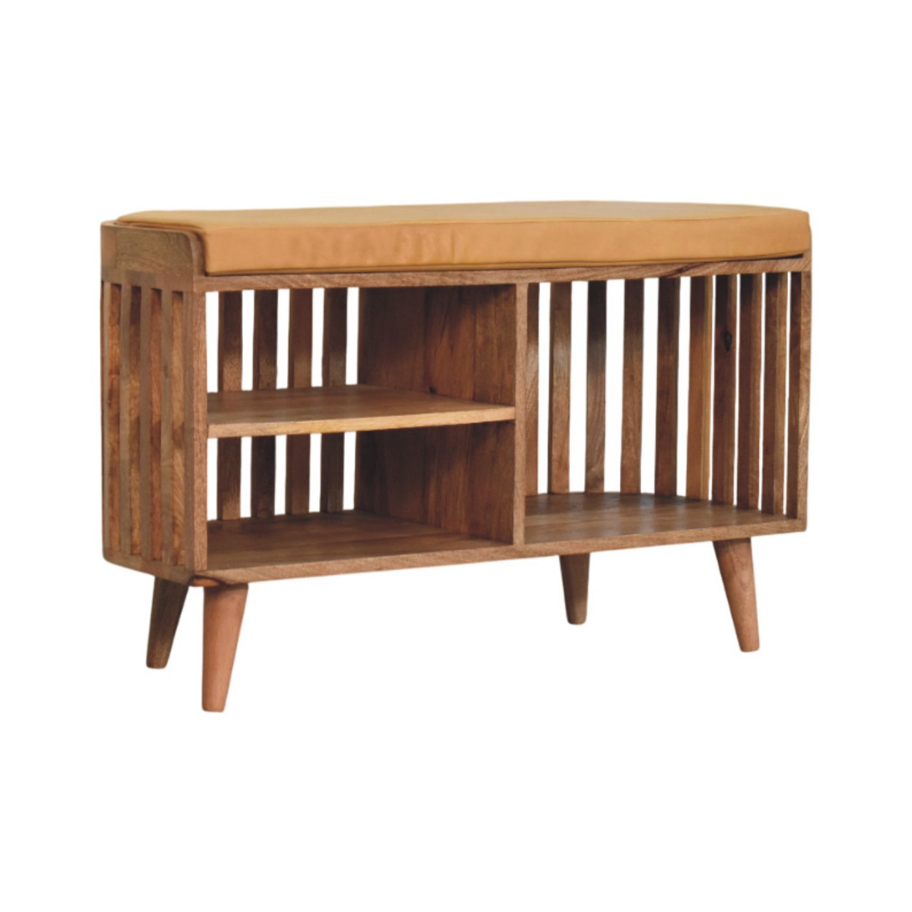 Padua Mango Wood Slatted Bench with Buffalo Leather Seat