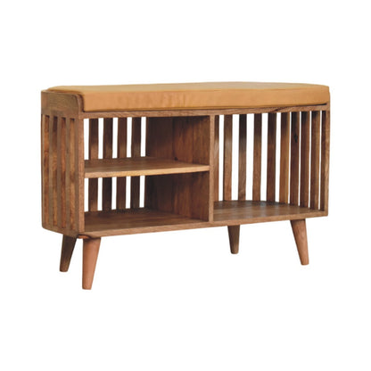 Padua Mango Wood Slatted Bench with Buffalo Leather Seat