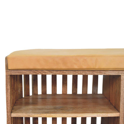 Padua Mango Wood Slatted Bench with Buffalo Leather Seat