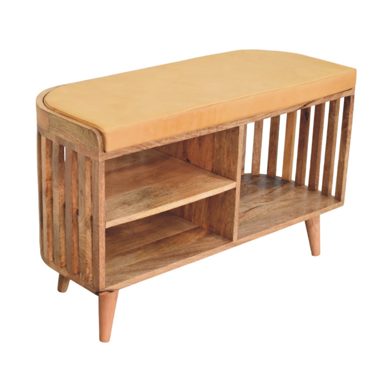 Padua Mango Wood Slatted Bench with Buffalo Leather Seat