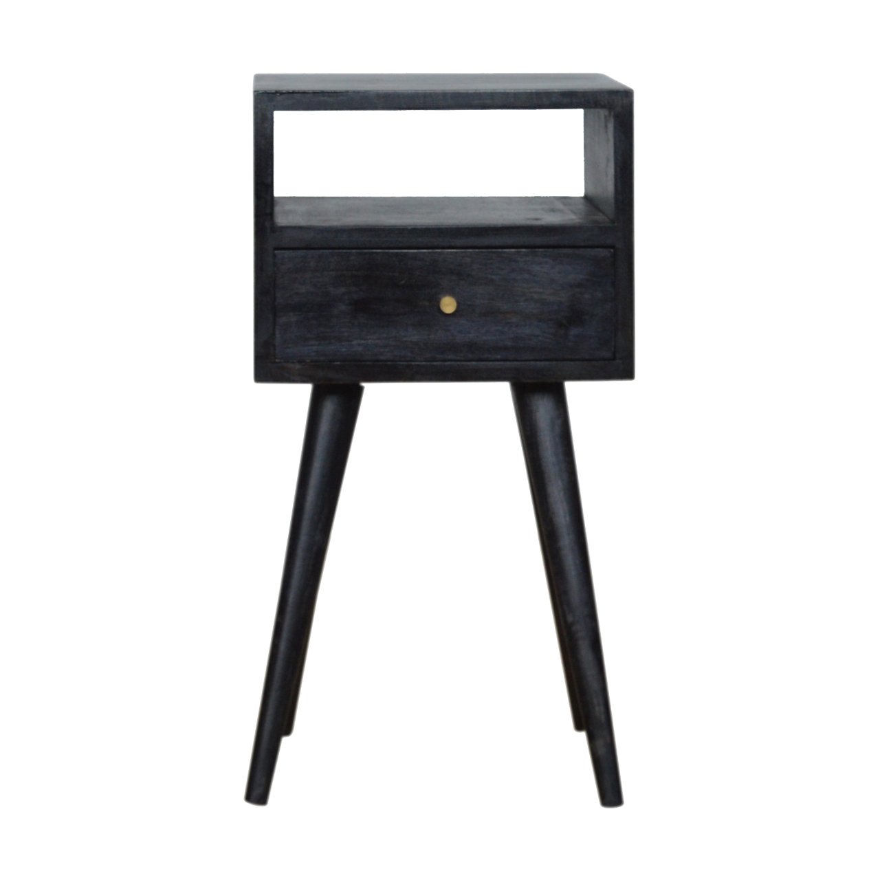 Kood Mini Black Washed Mango Wood Bedside Table with Drawer and Open Shelf