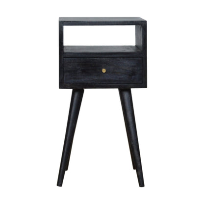 Kood Mini Black Washed Mango Wood Bedside Table with Drawer and Open Shelf
