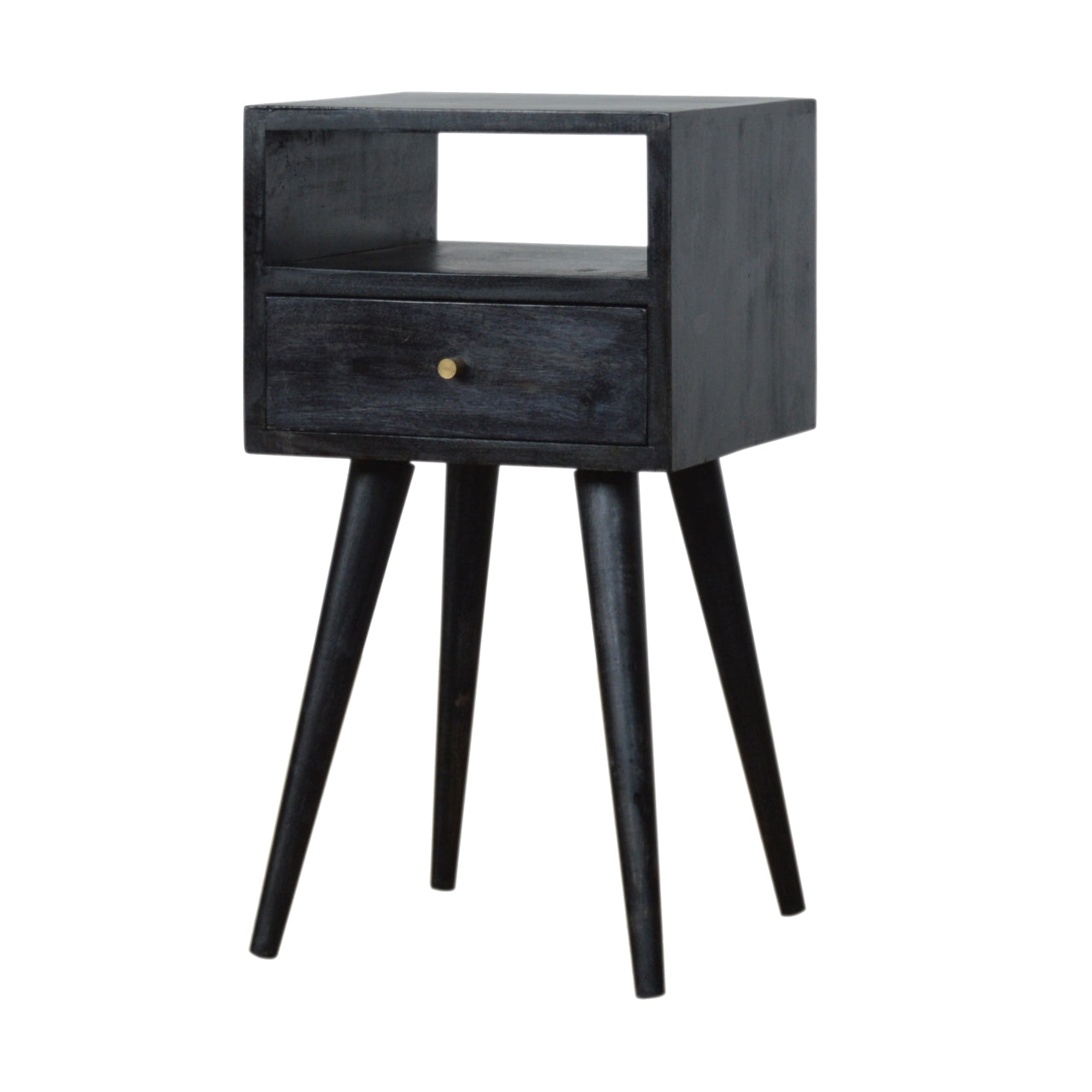 Kood Mini Black Washed Mango Wood Bedside Table with Drawer and Open Shelf