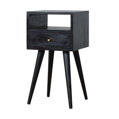 Kood Mini Black Washed Mango Wood Bedside Table with Drawer and Open Shelf