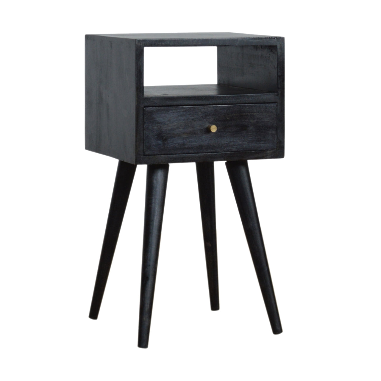 Kood Mini Black Washed Mango Wood Bedside Table with Drawer and Open Shelf