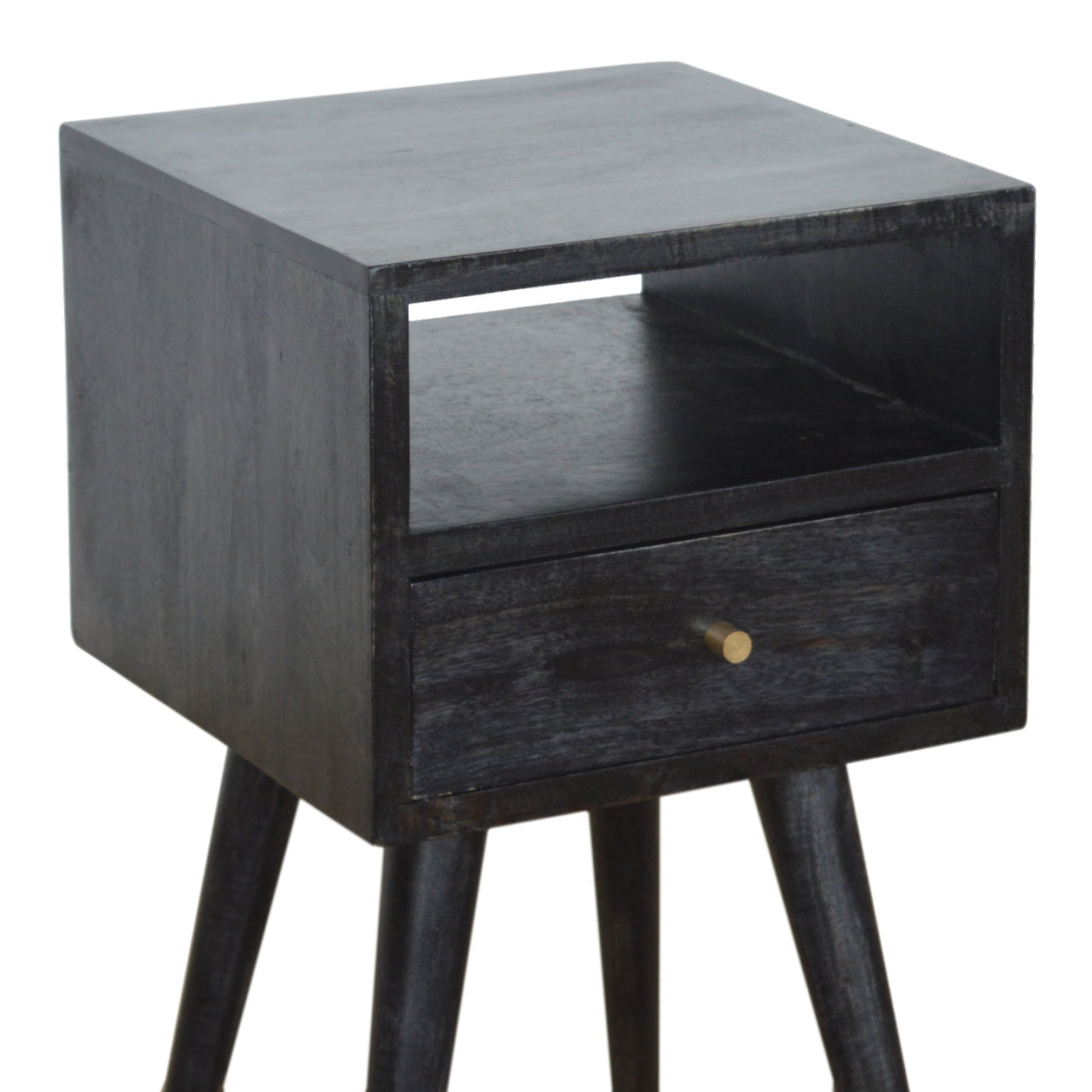 Kood Mini Black Washed Mango Wood Bedside Table with Drawer and Open Shelf