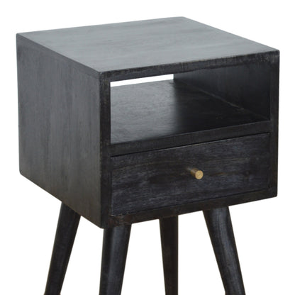 Kood Mini Black Washed Mango Wood Bedside Table with Drawer and Open Shelf