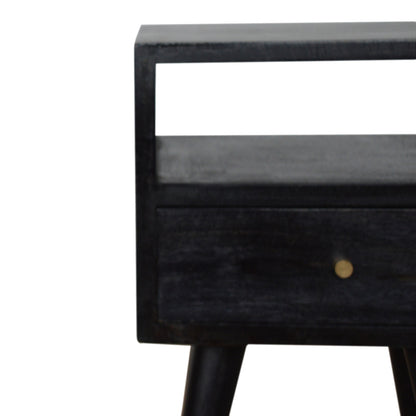 Kood Mini Black Washed Mango Wood Bedside Table with Drawer and Open Shelf