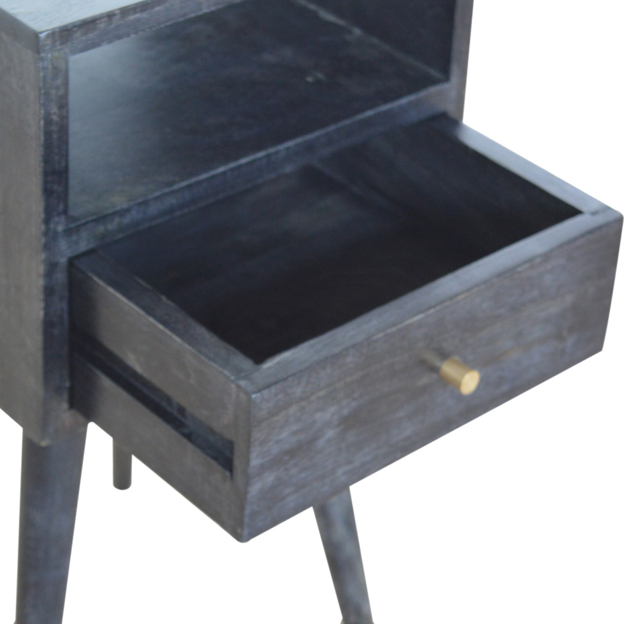 Kood Mini Black Washed Mango Wood Bedside Table with Drawer and Open Shelf