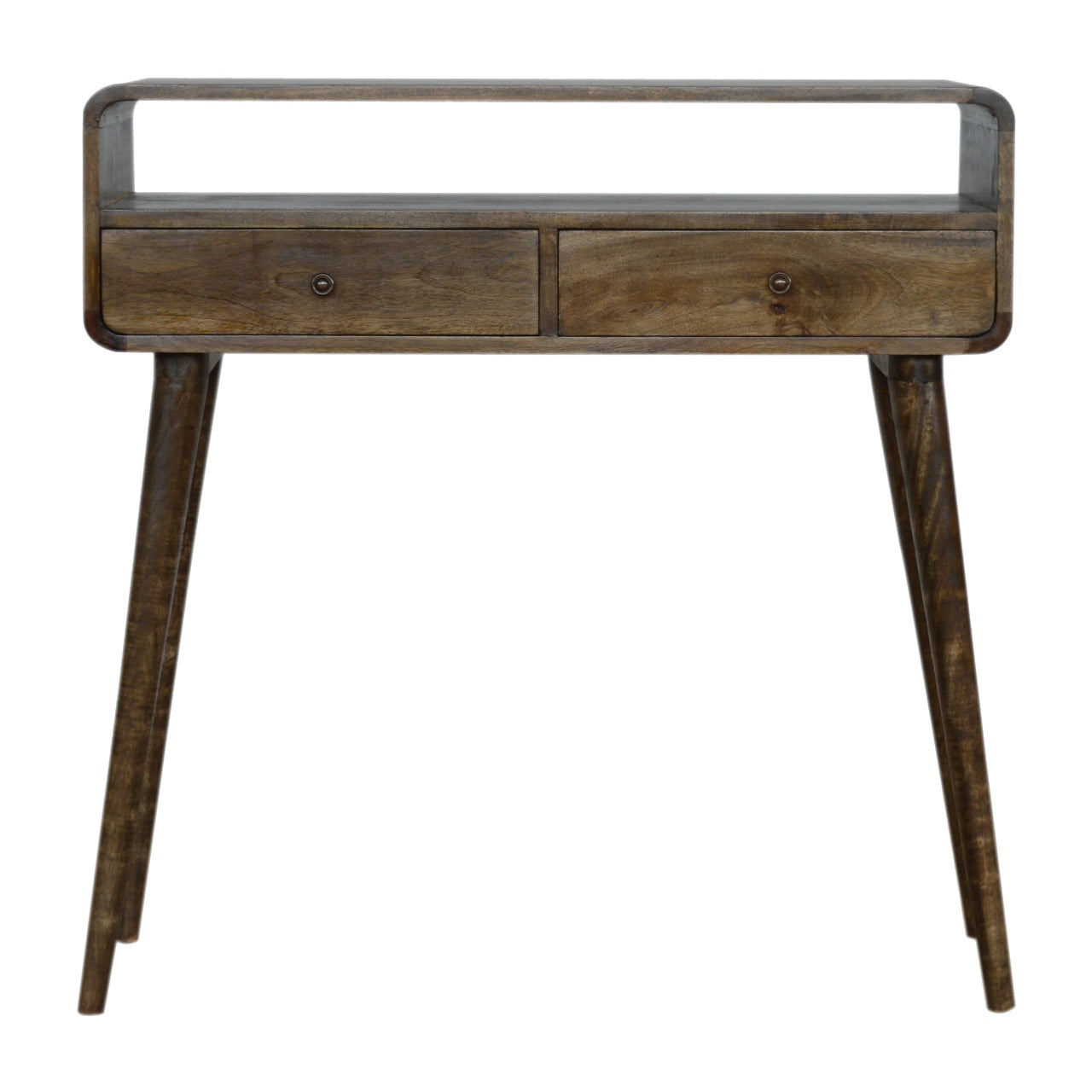 Trapani Curved Grey Washed Mango Wood Console Table 2 Drawers Open Shelf