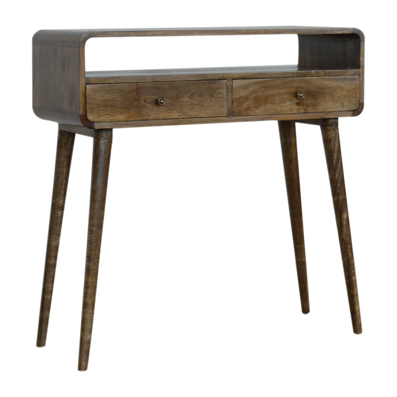 Trapani Curved Grey Washed Mango Wood Console Table 2 Drawers Open Shelf