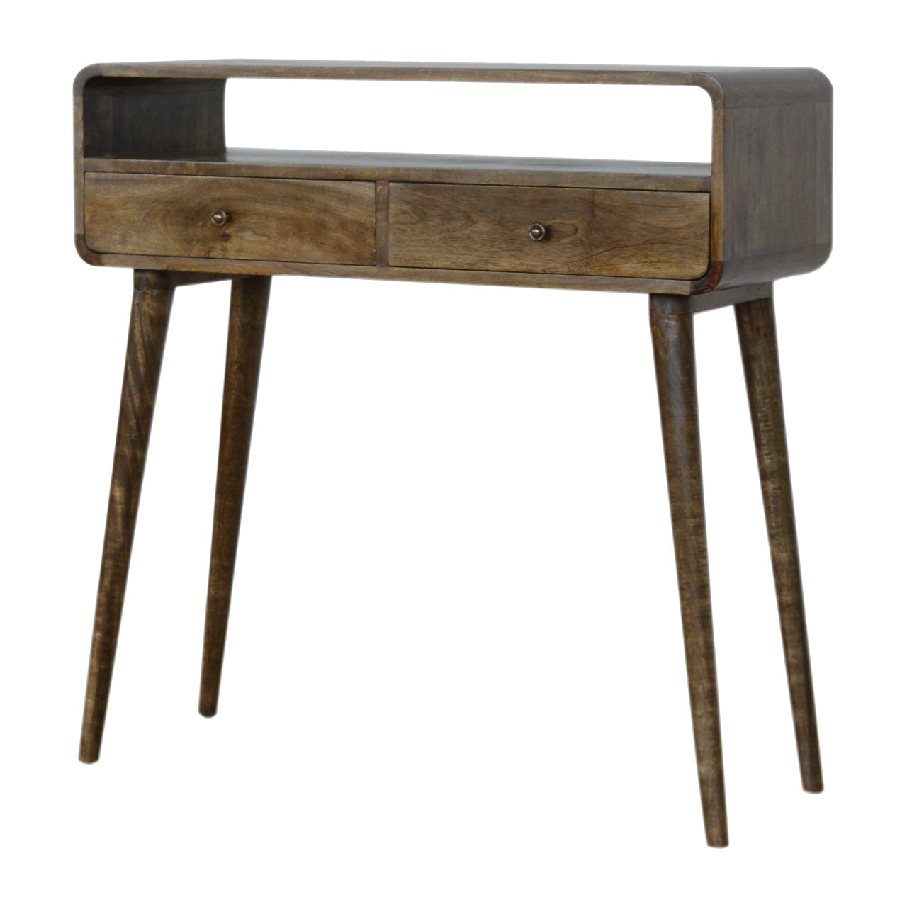 Trapani Curved Grey Washed Mango Wood Console Table 2 Drawers Open Shelf
