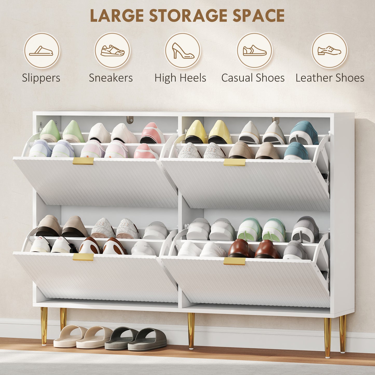 Rokake Wooden White Elegant 4 Drawer Shoe Cabinet Ribbed Design