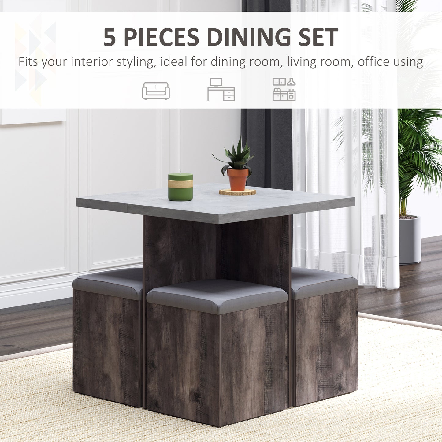 Nobael 5 Piece Metal And Wood Outdoor Dining Set With 4 Storage Stools Cushions And Table