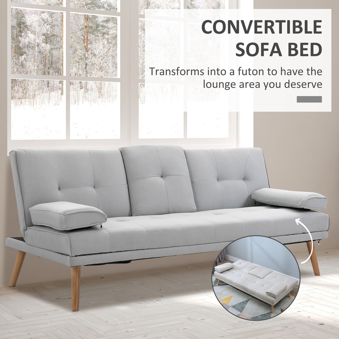 Suma Grey Fabric Click Clack Sofa Bed Tufted Back Removable Arms