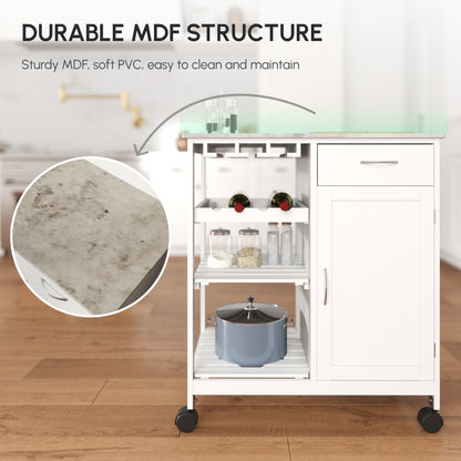 Sohavi Wooden White Compact Kitchen Trolley With Wine Rack Drawer And Open Shelving